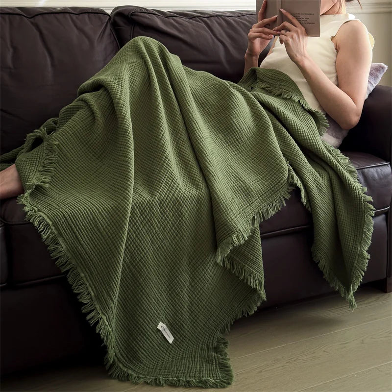 Bristol Cotton Tassel Throw - 100 x 150cm / Green