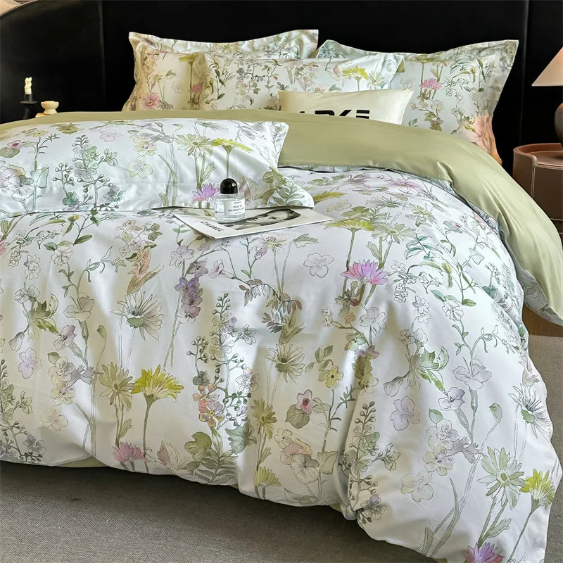 Elowen 600TC Egyptian Cotton Knit Duvet Cover Set - UK Double / Green / Flat Sheet Style