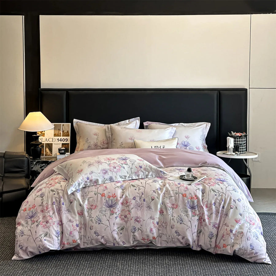 Elowen 600TC Egyptian Cotton Knit Duvet Cover Set - UK Double / Purple / Flat Sheet Style
