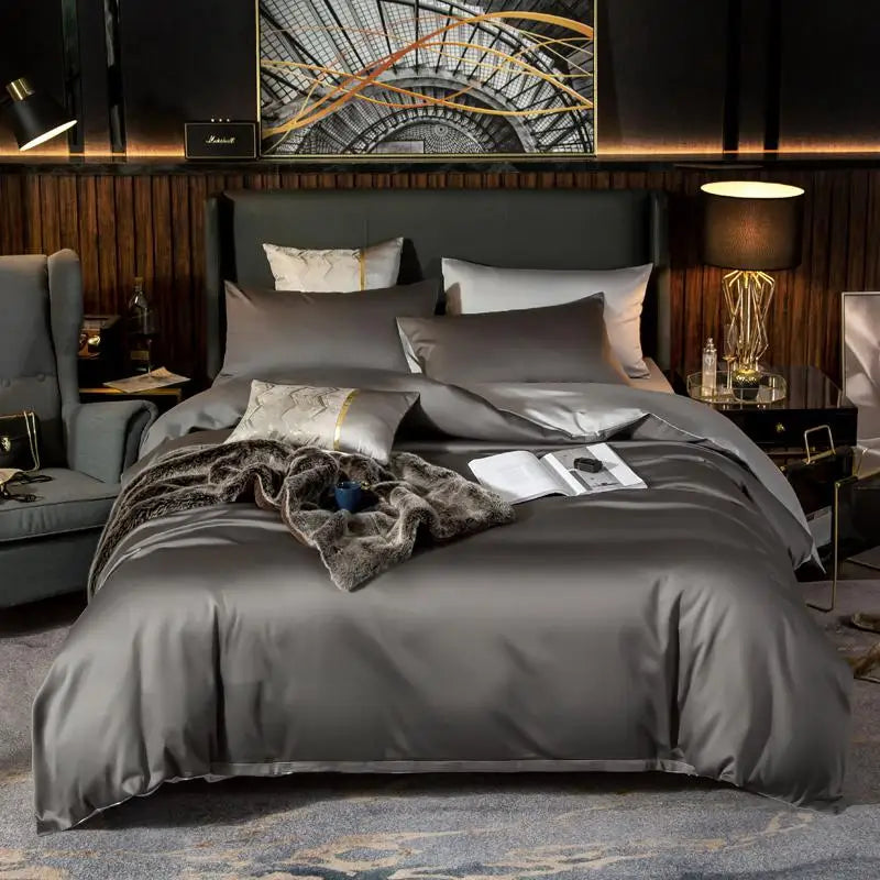 Henley 400TC Egyptian Cotton Duvet Cover Set - UK Double / Grey / Flat Bed Sheet