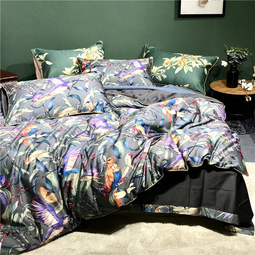 Orchid 600TC Egyptian Cotton Botanical Duvet Cover Set - UK Double / Aster / Flat Bed Sheet