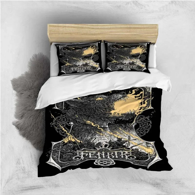 Viking Motif Duvet Cover Set - UK Single / Magnolia Aster